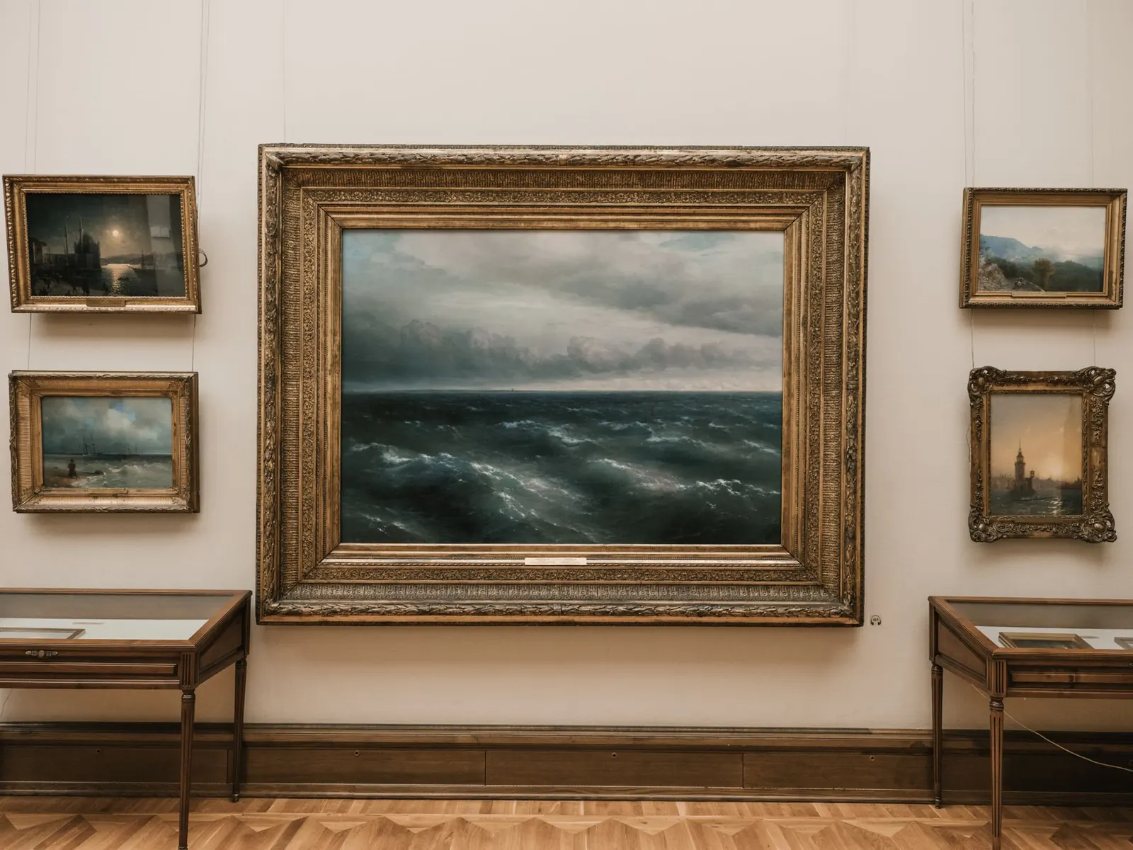 Framed paintings in a quiet museum gallery