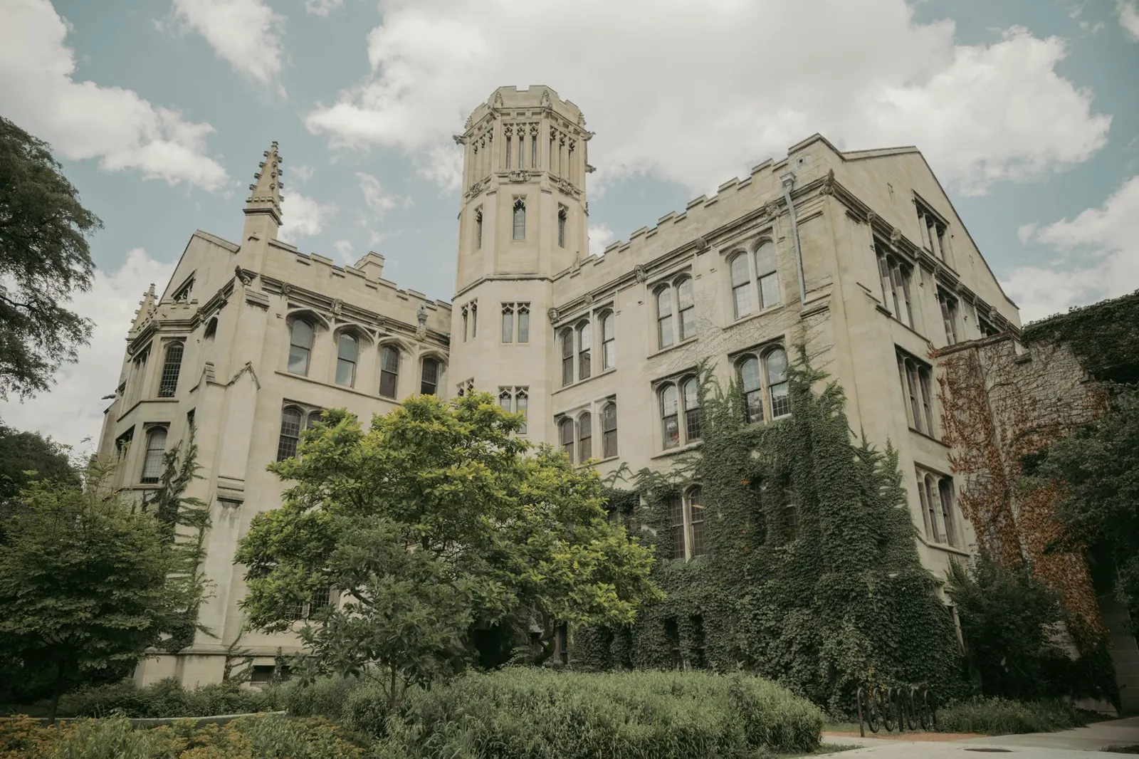 Gothic stone university buildings covered in ivy