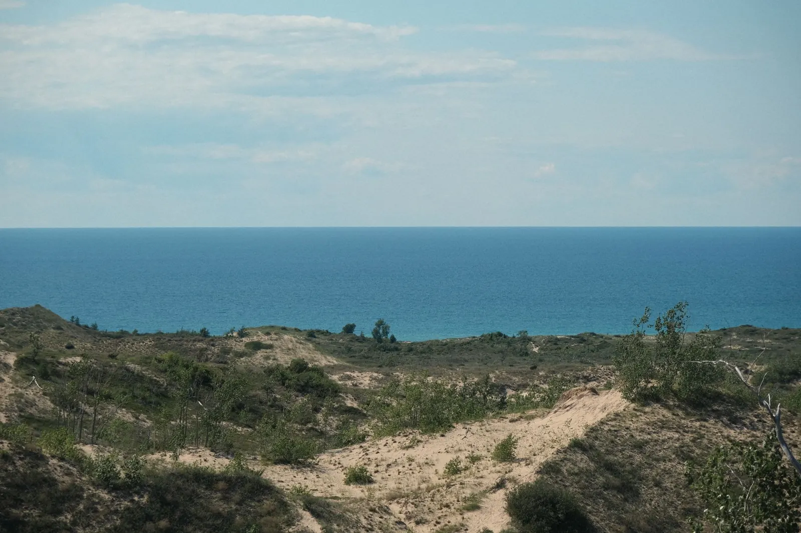 Beautiful landscape of dunes and Lake Michigan viewed from Maple City, MI.