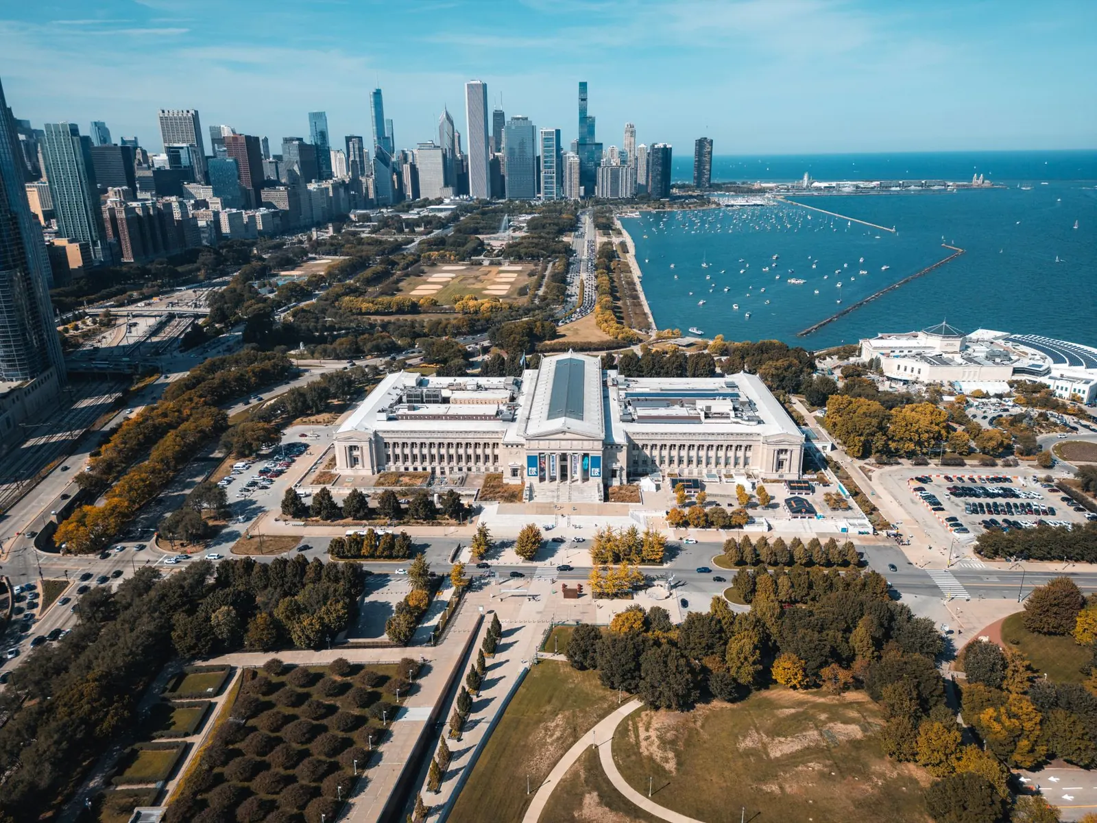 Aerial view of lakefront museums and the Chicago skyline