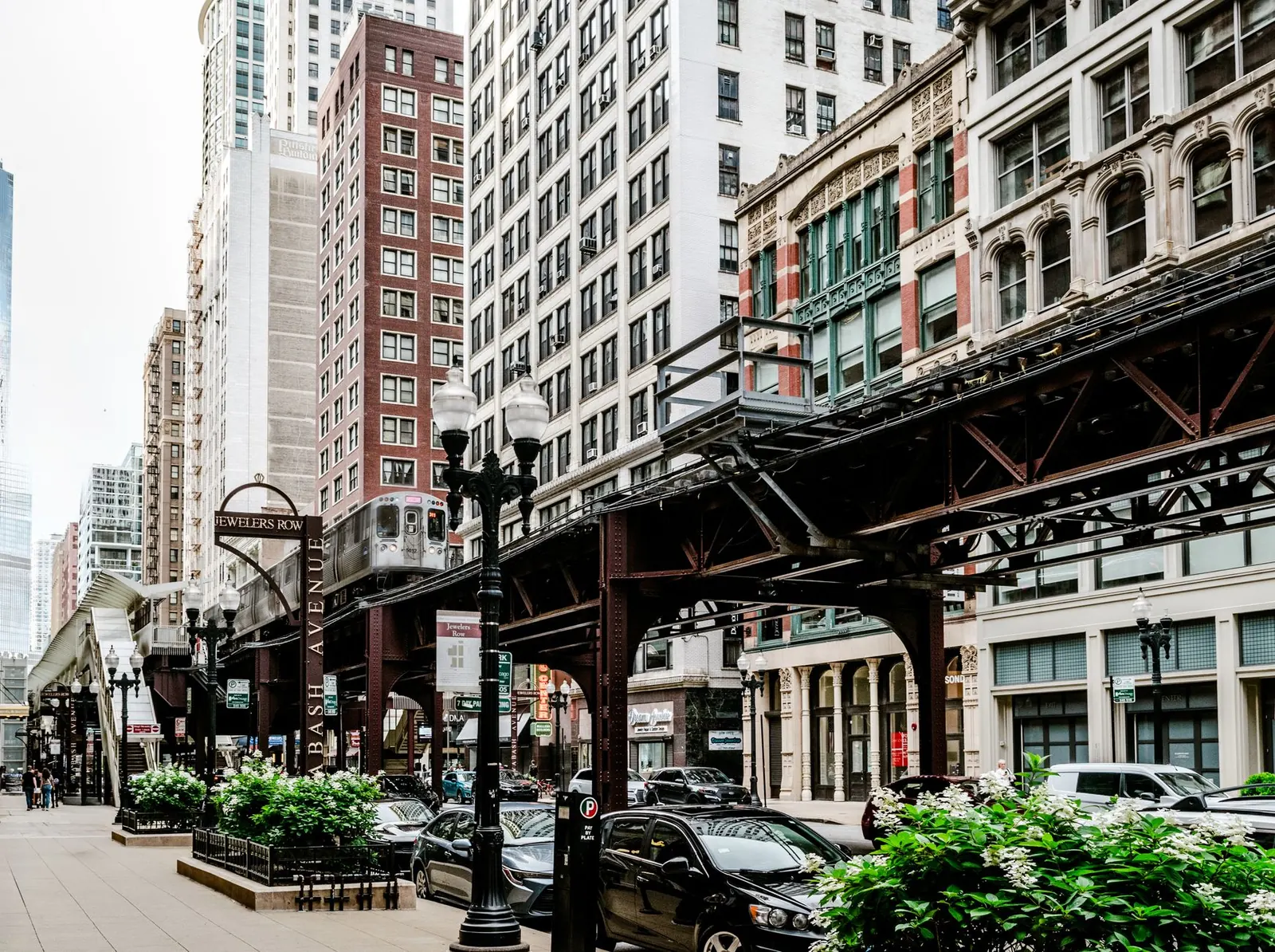 Elevated train tracks above a tree-lined city street